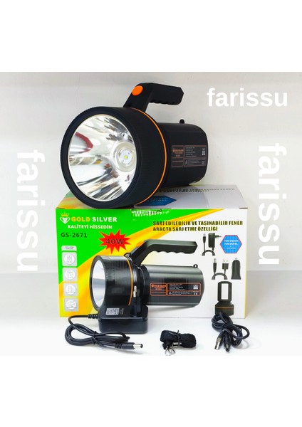 Gold Silver GS-2671 40W Şarjlı El Feneri – 8000MAH Güçlü Aydınlatma, Araçta Şarj Özellikli Taşınabilir Fener
