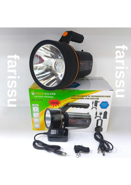 Gold Silver GS-2671 40W Şarjlı El Feneri – 8000MAH Güçlü Aydınlatma, Araçta Şarj Özellikli Taşınabilir Fener