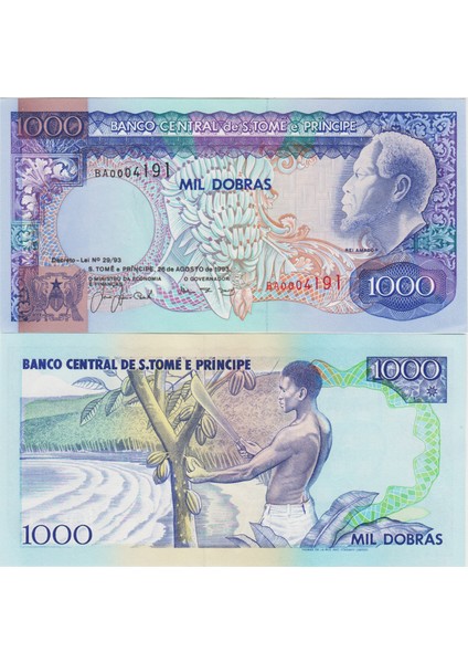 Sao Tome ve Principe 1000 Dobra 1993 Saınt Tomas. Kakao Hasadı Temalı. Çil Kondisyon.