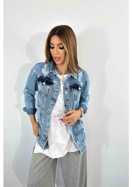 Sagi Jeans Kadın Yırtık Detaylı Basen Boy Klasik Uzun Kot Ceket modelleri