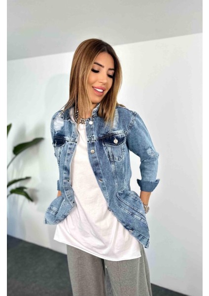 Sagi Jeans Kadın Yırtık Detaylı Basen Boy Klasik Uzun Kot Ceket fırsatları