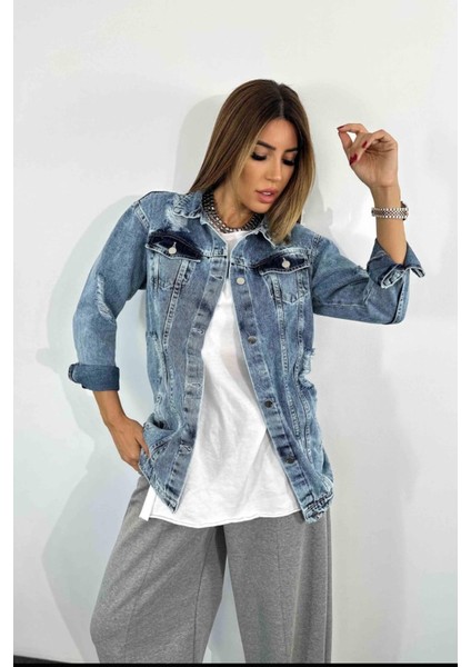 Sagi Jeans Kadın Yırtık Detaylı Basen Boy Klasik Uzun Kot Ceket indirimleri