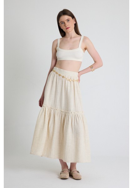 Natural Keten Görünümlü %100 Pamuk Kat Detaylı Fırfırlı Etek 4711A