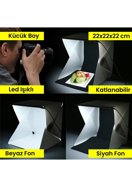 LED Işıklı Katlanır Beyaz Siyah Fonlu Mini Stüdyo Fotoğraf Çekim Çadırı modelleri