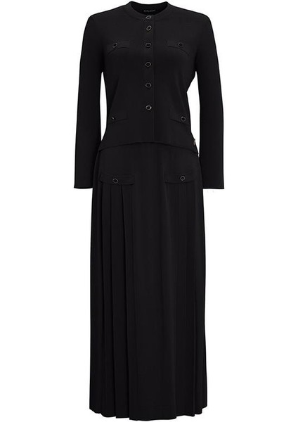 Siyah Önü Düğmeli Cep Kapaklı Triko Kloş Etek T25Y-2006