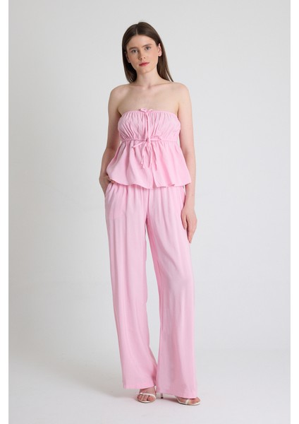 Şeker Pembe Mavi Straplez Bluz ve Geniş Paça Pantolon Ikili Takım 5236