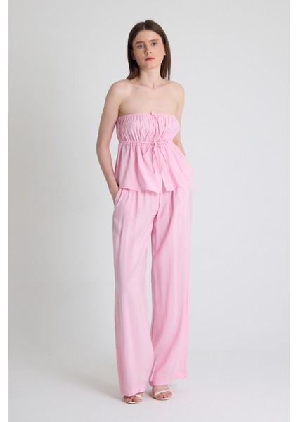 Şeker Pembe Mavi Straplez Bluz ve Geniş Paça Pantolon Ikili Takım 5236 fiyatları