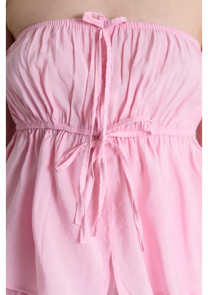Şeker Pembe Mavi Straplez Bluz ve Geniş Paça Pantolon Ikili Takım 5236 modelleri