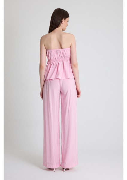 Şeker Pembe Mavi Straplez Bluz ve Geniş Paça Pantolon Ikili Takım 5236 indirimleri