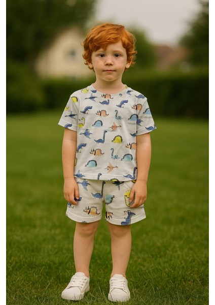 Erkek Çocuk Dino %100 Pamuk Kısa Kollu Pijama Takımı (3-4 Yaş 8-9 Yaş)