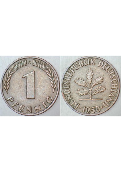 Almanya 1 Pfennig 1950 D= Münih Darbı.