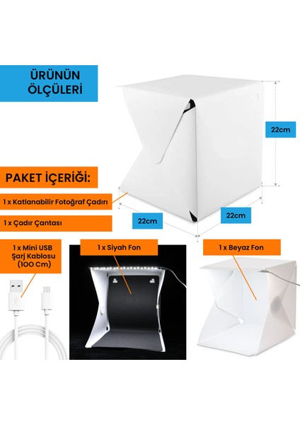 LED Işıklı Katlanır Beyaz Siyah Fonlu Mini Stüdyo Fotoğraf Çekim Çadırı