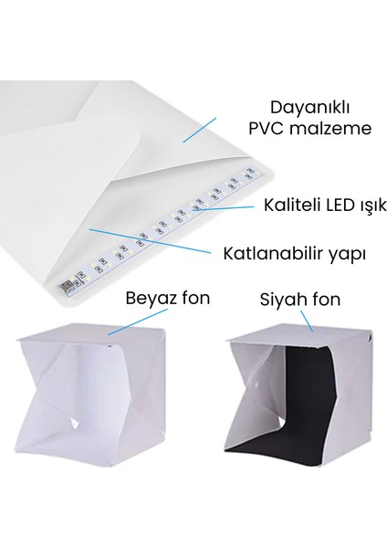 LED Işıklı Katlanır Beyaz Siyah Fonlu Mini Stüdyo Fotoğraf Çekim Çadırı