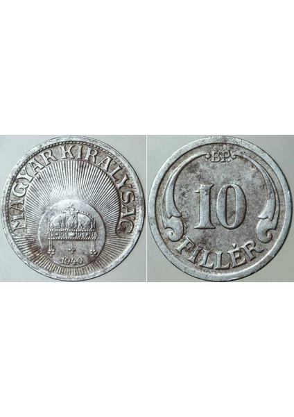 Macaristan Krallığı 10 Fıller 1940. Ikinci Dünya Savaşı Metal Kıtlığı Demir Madeninden Para.