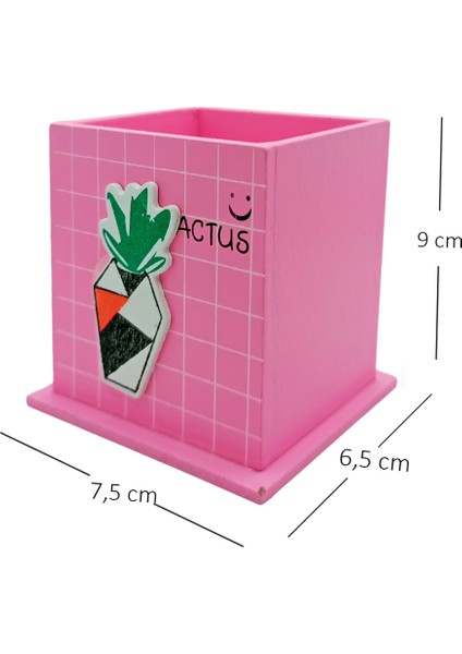 Ahşap Masaüstü Kalemlik Kaktüs Saksılı Desenli Pembe - 1 Adet modelleri