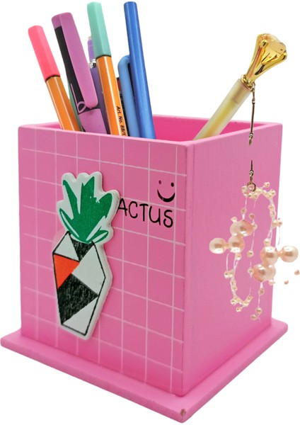 Ahşap Masaüstü Kalemlik Kaktüs Saksılı Desenli Pembe - 1 Adet fırsatları