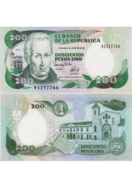 Kolombiya 200 Peso 1992 Simon Bolivar Büstlü. Çil Kondisyon