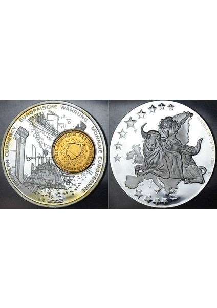 Liberya 1 Dolar 2002 Gümüş Kaplama. Avrupa Para Birliği Euro Tema. Lüksemburg 10 Cent Ayrılabiliyor. 50 Mm. Proof Çil.