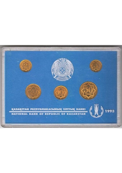 Kazakistan Merkez Bankası 5'li Sirkülasyon Paraları 2 - 5 - 10 - 20 - 50 Tenne Proof Baskı Özel Set 1993 Çil Kondisyon. Kendi Orijinal Pvc Kabında. Nadir.