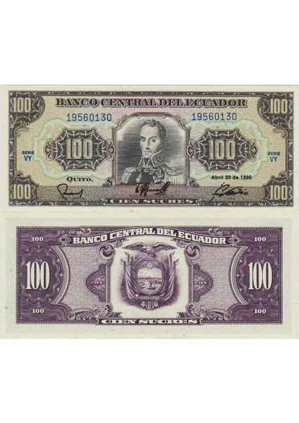 Ekvador 100 Sucre 1990 Çil Kondisyon.