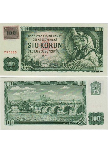 Çekoslovakya 100 Koruna 1961 Üzerine Çekya 1993 Pullu. Prag Kalesi ve Köprü Temalı. Çil Kondisyon.