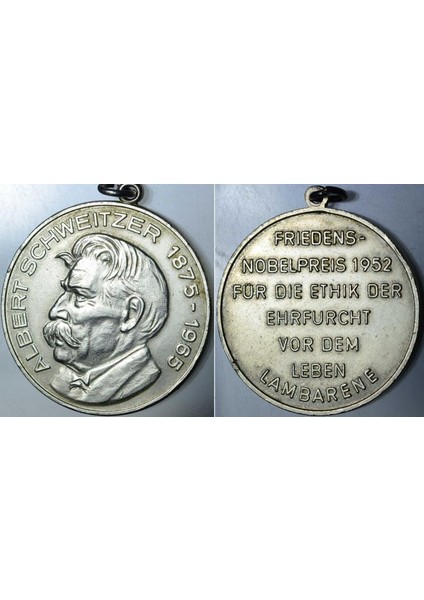 Almanya Madalya 1965 Albert Schweıtzer Nobel Ödülü Anısına. 34 mm Çapında. Kulplu.