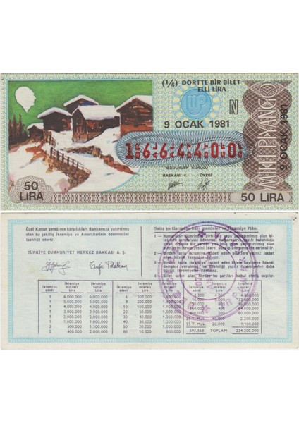 Eski Milli Piyango 1/4 Çeyrek Bilet 9 Ocak 1981 Kış. N Serisi 50 Lira.