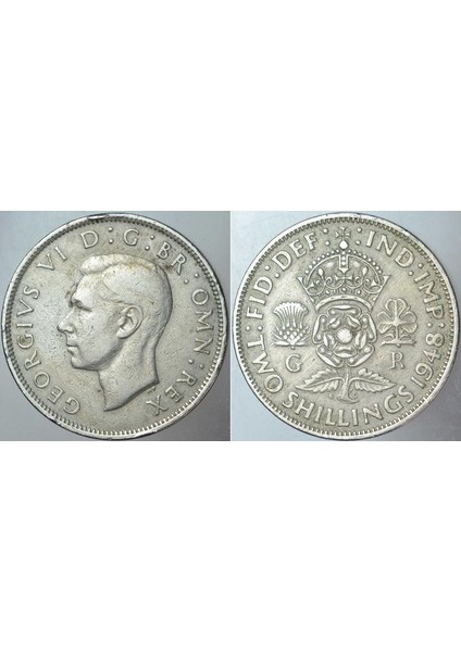Büyük Britanya 2 Şilin 1948. Kral 6. George Dönemi (Kraliçe Iı. Elizabeth'in Babası). 28.3 mm Çapında.