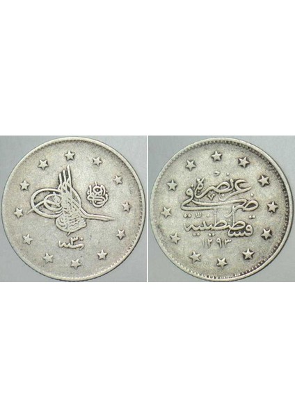Sultan Iı. Abdülhamid Gümüş 2 Kuruş 1293/30. Istanbul Darbı. Osmanlı Imparatorluğu Gerçek Para.