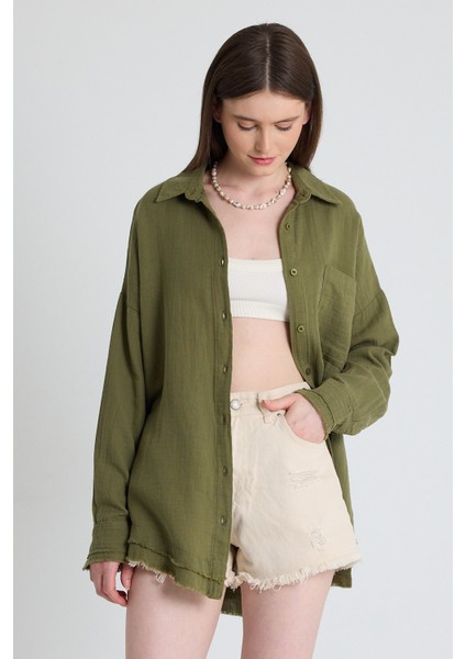 Haki Oversize %100 Pamuk Müslin Gömlek 4786A