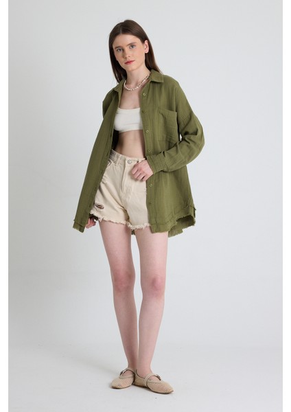 Haki Oversize %100 Pamuk Müslin Gömlek 4786A