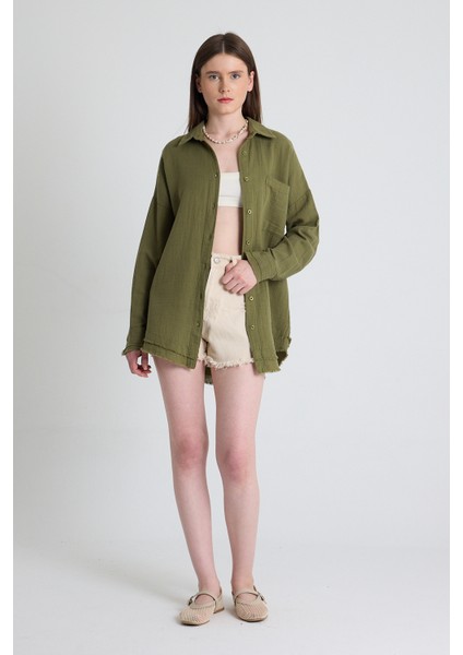 Haki Oversize %100 Pamuk Müslin Gömlek 4786A