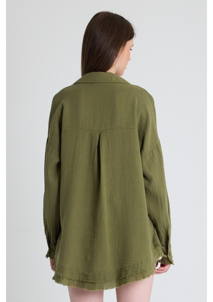 Haki Oversize %100 Pamuk Müslin Gömlek 4786A