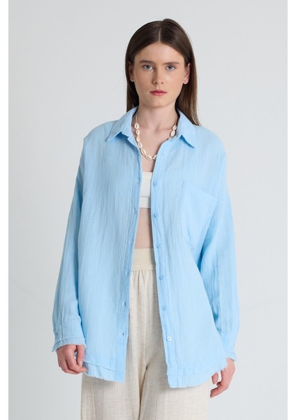 Bebe Mavi Oversize %100 Pamuk Müslin Gömlek 4786A fiyatları