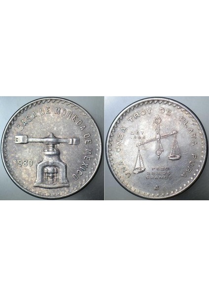 Meksika 1 Troy Ons 1980 Gümüş Para 925 Ayar . 33,625 Gram 41,5 mm Çapında. Darphane Madeni Para Basma Makinesi Temalı. Çilaltı Kondisyon.