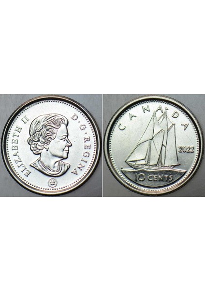 Kanada 10 Cent 2022 Yelkenli Temalı. Kraliçe Iı. Elizabeth. 18 mm Çapında. Çilaltı Kondisyon.