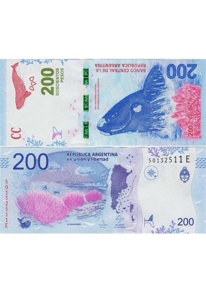 Arjantin 200 Peso 2016 Balina Temalı. Çil Kondisyon.