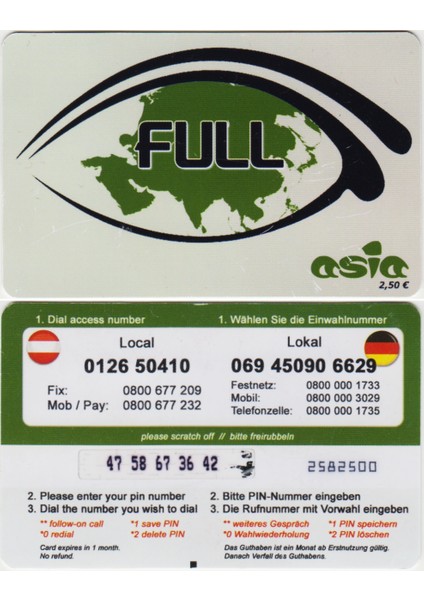 Almanya-Avusturya Full Asia Telefon Kartı. Ufak Çizikleri Var.