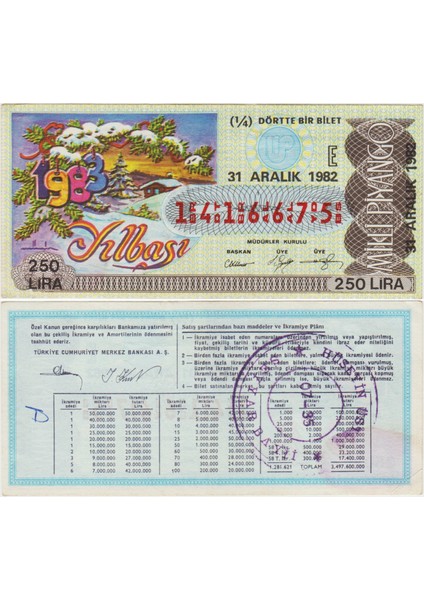 Eski Milli Piyango 31 Aralık 1982 Çeyrek 1/4 Bilet. Yılbaşı 250 Lira E Serisi.