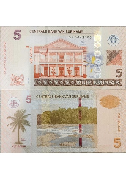 Surinam 5 Dolar 2012. Çil Kondisyon.