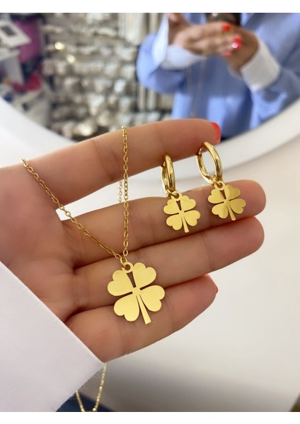 Çelik Isimli Dört Yaprak Kişiye Özel Yonca Takı Seti