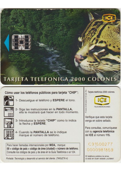 Kosta Rika Telefon Kartı 1999 Vahşi Yaşam Temalı. 2000 Kolon.