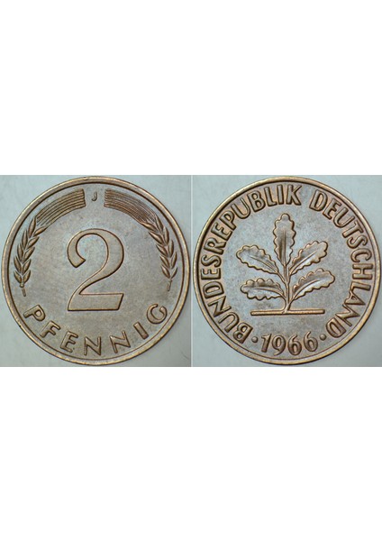 Almanya 2 Pfennig 1966 J Bronz 19,2 Mm.