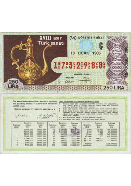 Eski Milli Piyango Bileti 19 Ocak 1986 Çeyrek 1/4 Bilet 250 Lira. Xvııı. Asır Türk Sanatı.