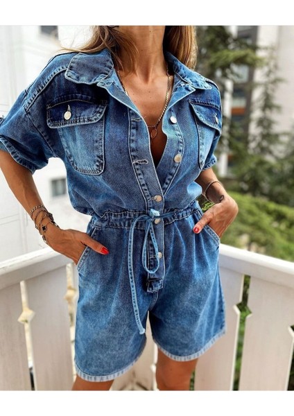 Sagi Jeans Kadın Beli Tünelli Katlanabilir Kollu Jean Şort Tulum