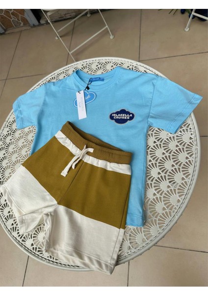 Erkek Çocuk Yazı Baskılı Sırt Detaylı Çigili Şort Alt-Üst Takım Mavi