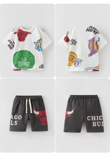 Erkek Çocuk Basketbollu Baskılı Alt-Üst Takım Beyaz