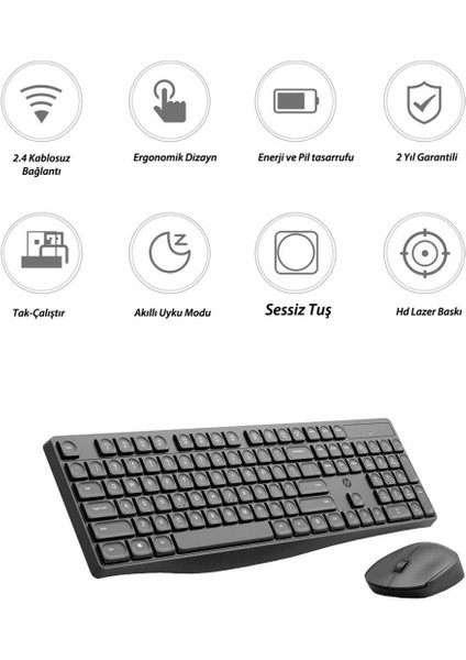 CS10 Kablosuz Wireless Sessiz Klavye Mouse Set Ingilizce Q