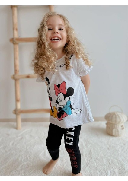 Kız Çocuk Fare Baskılı Uzun Taytlı Alt-Üst Takım Gri