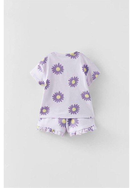 Kız Çocuk Mor Çiçekli Alt-Üst Takım Takım Lila